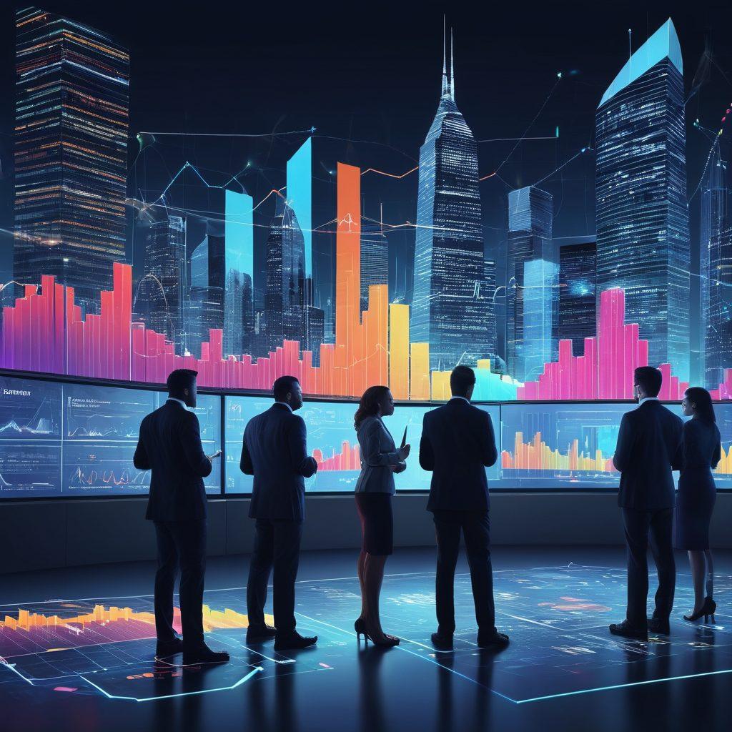 A bustling city skyline as a backdrop, featuring a group of diverse consultants collaborating over a strategic plan with charts and graphs displayed on digital screens. Add elements representing growth like upward arrows and gears in motion. Bright, optimistic colors to symbolize success. Dynamic, professional atmosphere. super-realistic. vibrant colors. 3D.
