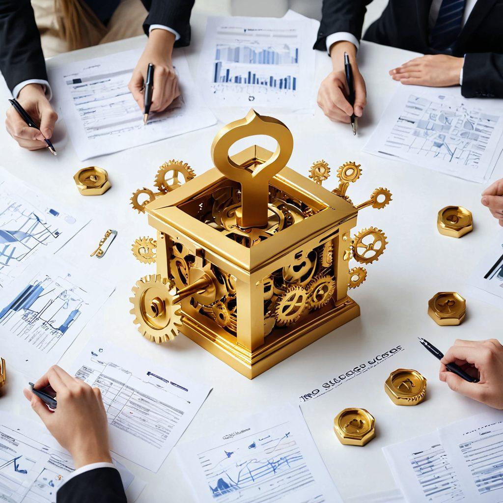 A visually striking image of a golden key unlocking a treasure chest filled with business-related icons like gears, graphs, and charts. In the background, a diverse group of professional advisors collaborates around a sleek conference table, showcasing teamwork and modernity. The overall tone is bright and optimistic, symbolizing growth and success in business. super-realistic. vibrant colors. white background.
