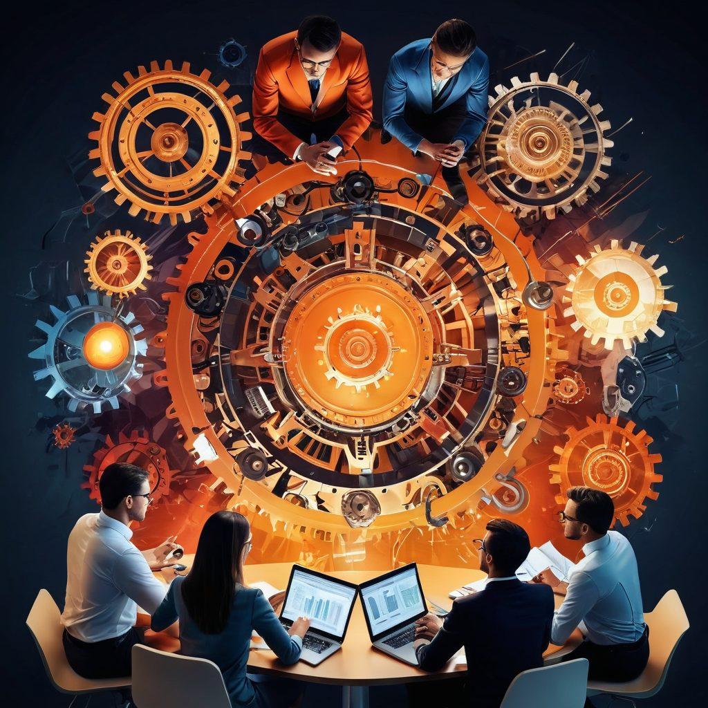 A dynamic scene depicting a diverse team of professionals engaged in a collaborative meeting, surrounded by abstract representations of transformation such as gears, arrows, and light bulbs. The atmosphere should convey a sense of innovation and energy, with a blend of digital and traditional elements showcasing the role of advisory services. Soft, warm colors with a touch of metallic accents to signify change and progress. modern illustration. vibrant colors. 3D.
